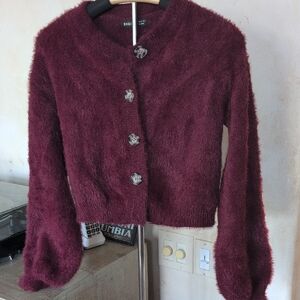 Soft Burgandy Wine Teddy Cropped Cardigan with Button Detail